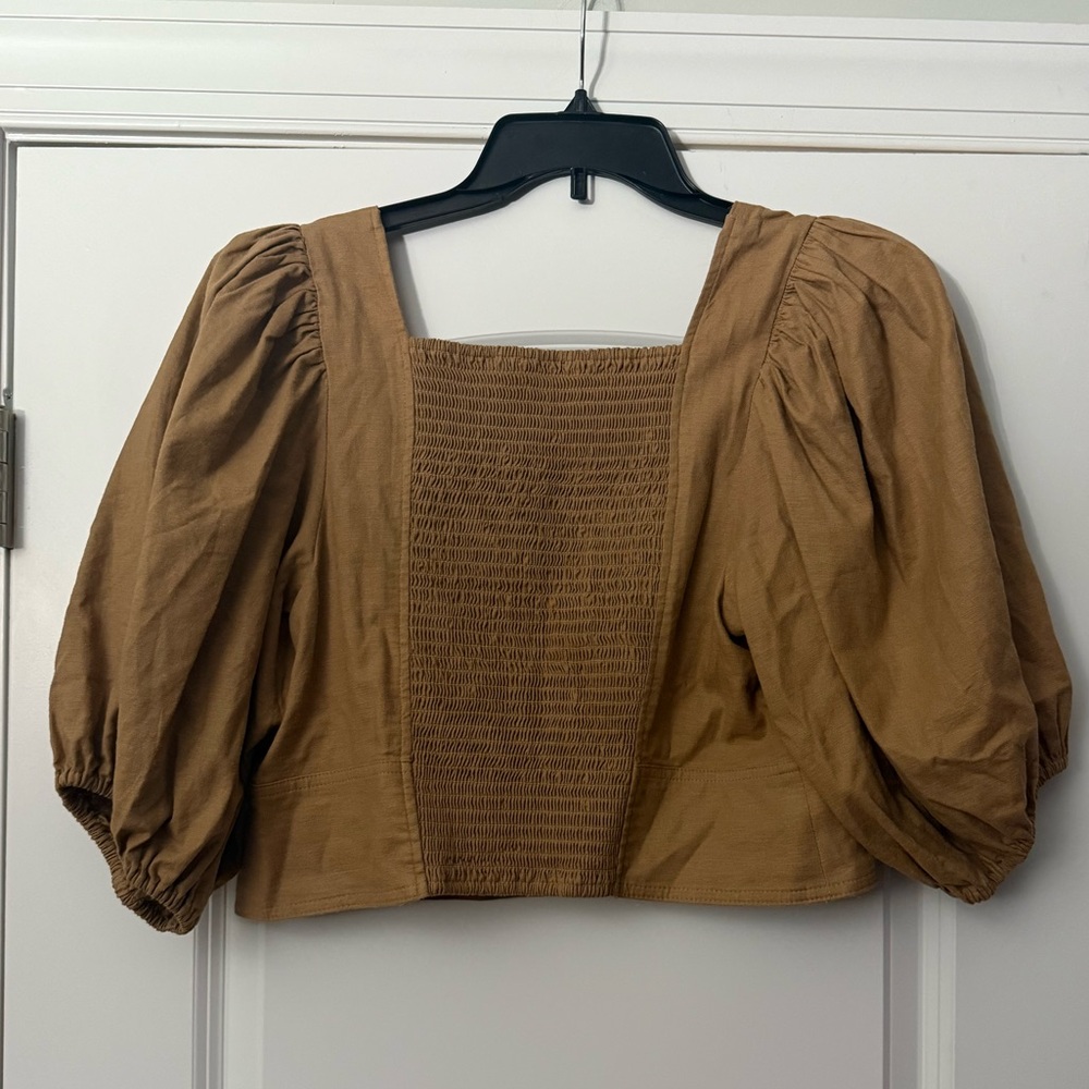 Express Puff Sleeve Linen blend brown shirt with smocked back EUC - Picture 6 of 6